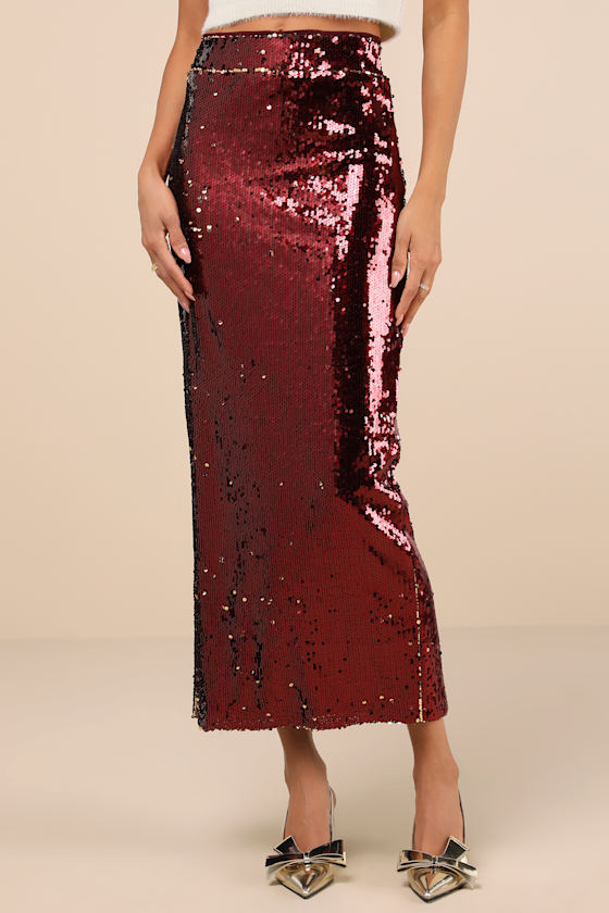 Dazzling Appearance Burgundy Sequin High Rise Midi Skirt 3
