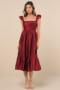 Poised Passion Wine Red Taffeta Pleated Ruffled Midi Dress 1