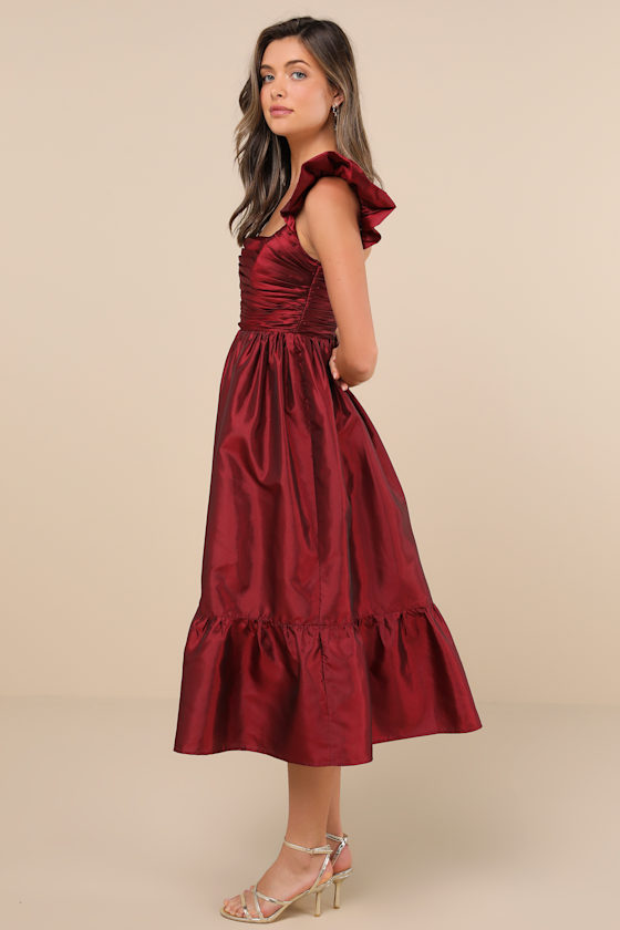 Lulus Poised Passion Wine Red Taffeta Pleated Ruffled Midi Dress In Wine Red