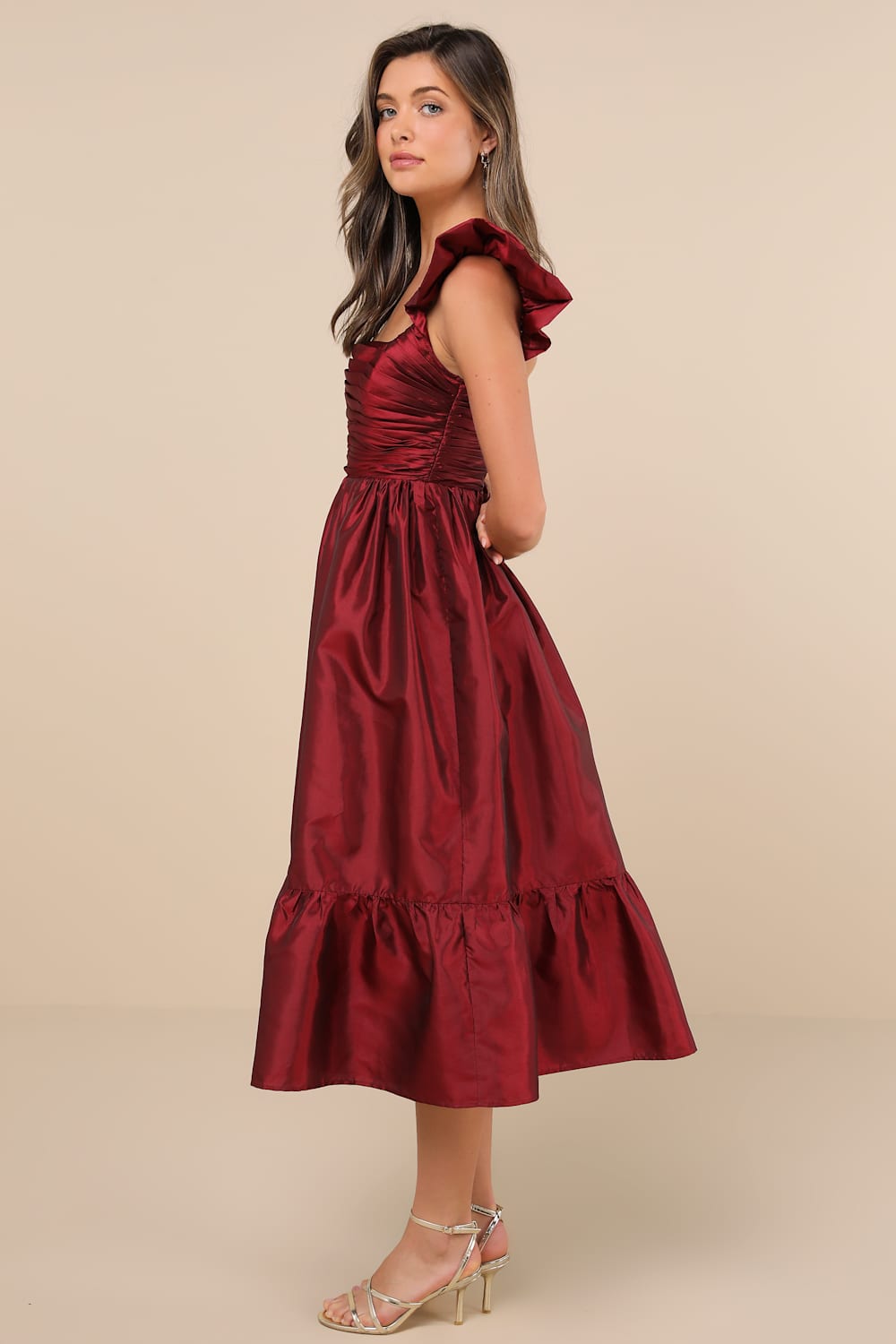 Poised Passion Wine Red Taffeta Pleated Ruffled Midi Dress