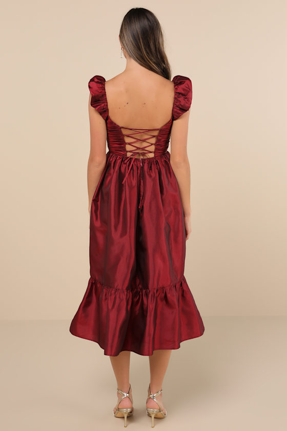 Lulus Poised Passion Wine Red Taffeta Pleated Ruffled Midi Dress In Wine Red