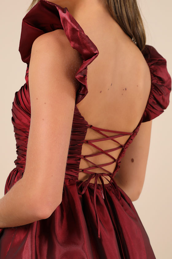 Lulus Poised Passion Wine Red Taffeta Pleated Ruffled Midi Dress In Wine Red