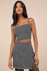 Charismatically Cute Black Tweed Rhinestone Sleeveless Crop Top 2