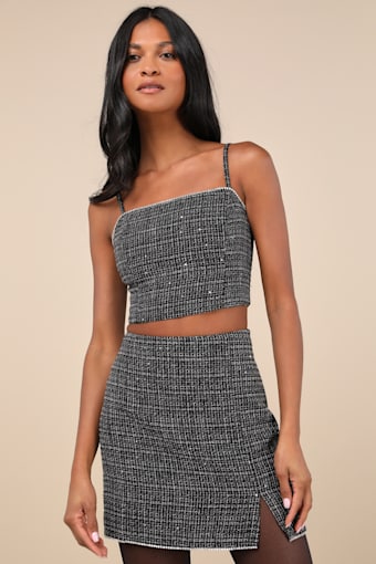 Charismatically Cute Black Tweed Rhinestone Sleeveless Crop Top 2