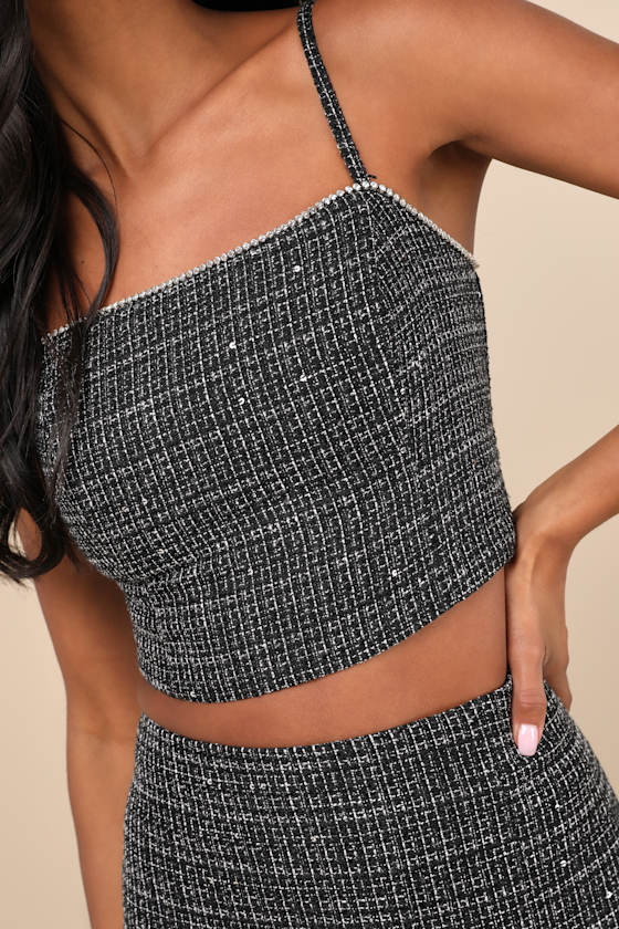 Lulus Charismatically Cute Black Tweed Rhinestone Sleeveless Crop Top In Black