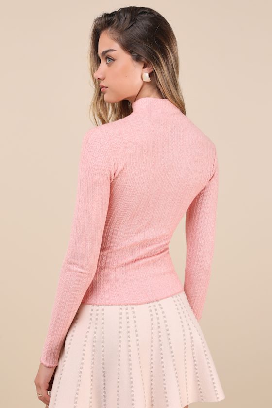 Light Pink Pointelle Knit Top - Mock Neck Top - Long Sleeve