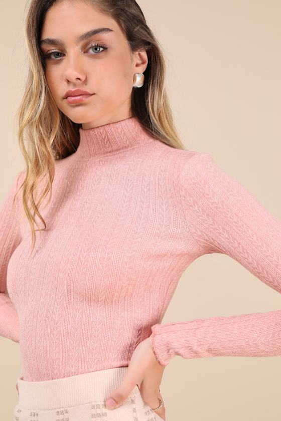 Idyllic Option Light Pink Pointelle Knit Mock Neck Sweater Top 3