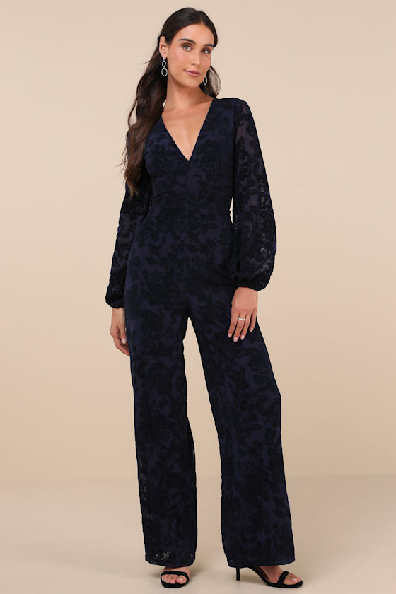 Lulus Majorly Ethereal Navy Velvet Burnout Long Sleeve Jumpsuit In Navy