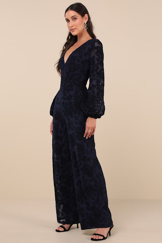 Lulus Majorly Ethereal Navy Velvet Burnout Long Sleeve Jumpsuit In Navy