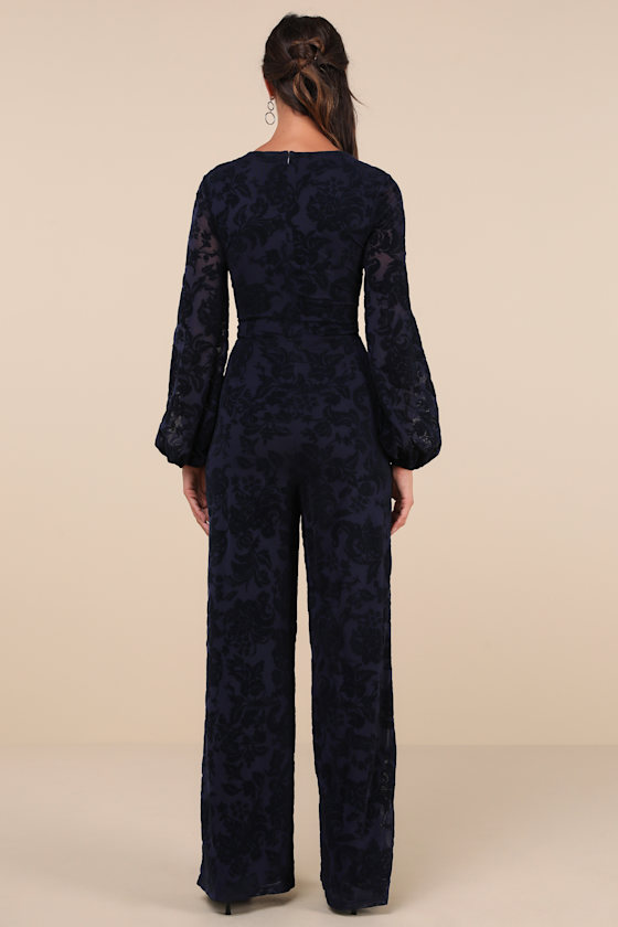 Lulus Majorly Ethereal Navy Velvet Burnout Long Sleeve Jumpsuit In Navy