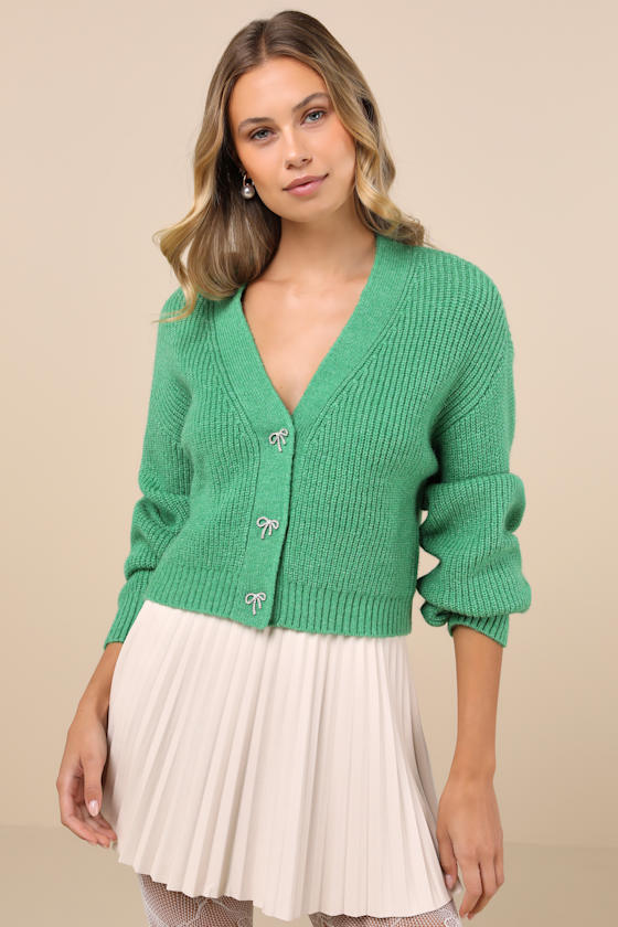 Lulus Brilliant Cutie Green Bow Button-front Cropped Cardigan In Green