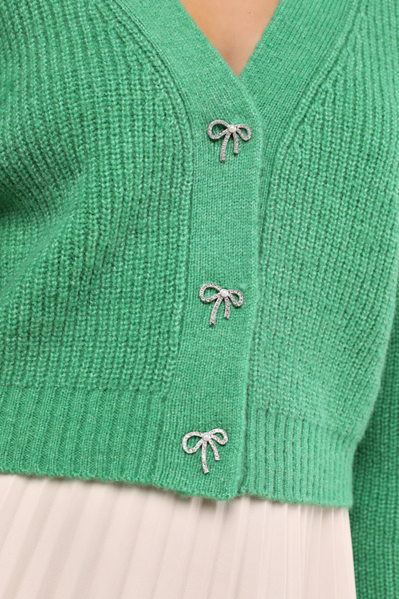 Lulus Brilliant Cutie Green Bow Button-front Cropped Cardigan In Green