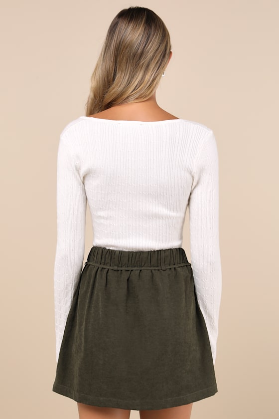 Lulus Convincing Charm Dark Olive Green Suede Mini Skirt In Olive Green