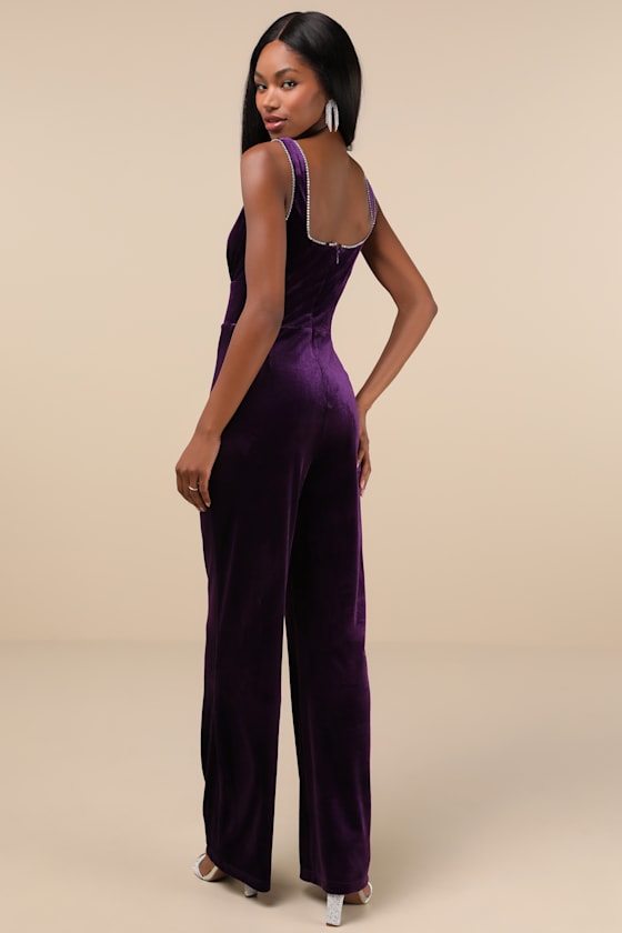 Dazzling Luxury Dark Purple Velvet Rhinestone Notched Jumpsuit 3