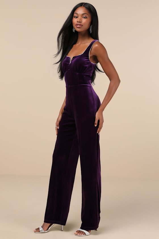 Dazzling Luxury Dark Purple Velvet Rhinestone Notched Jumpsuit