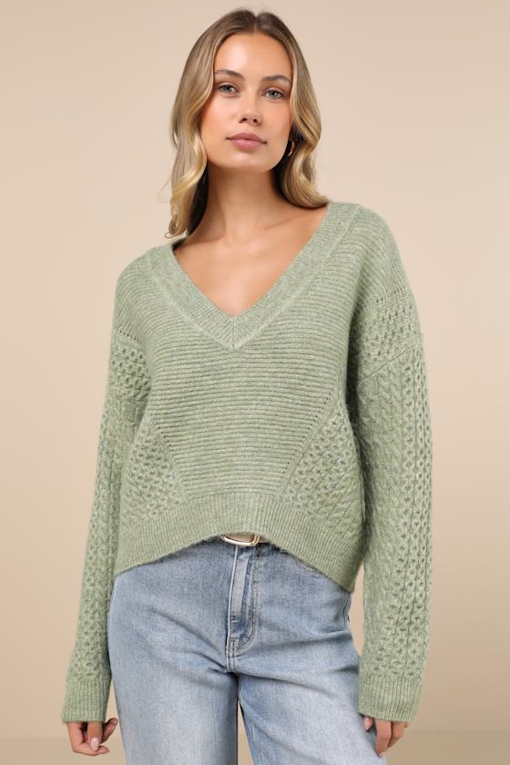 LULUS COMFY INSTINCT SAGE GREEN CABLE KNIT PULLOVER SWEATER