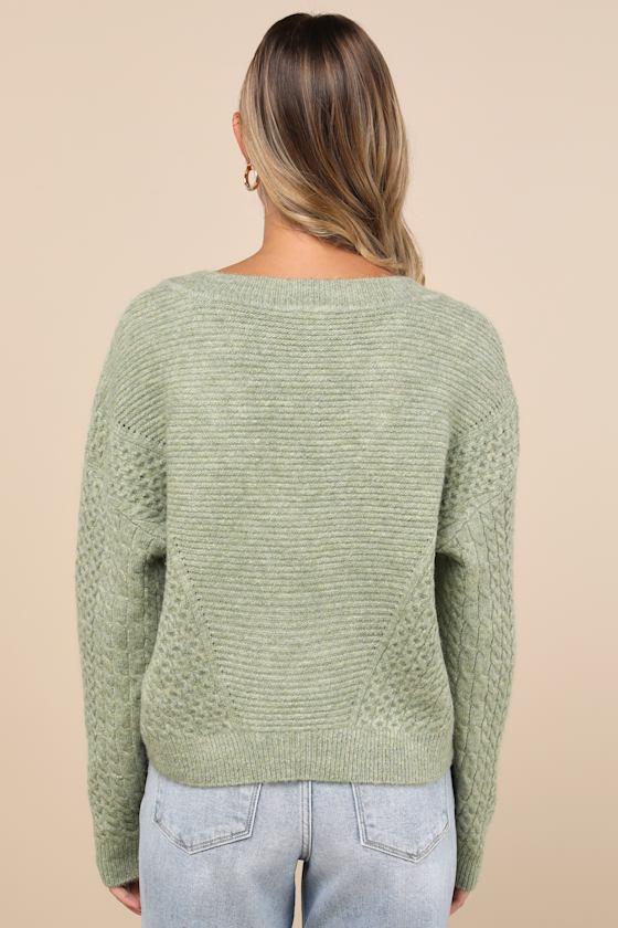LULUS COMFY INSTINCT SAGE GREEN CABLE KNIT PULLOVER SWEATER