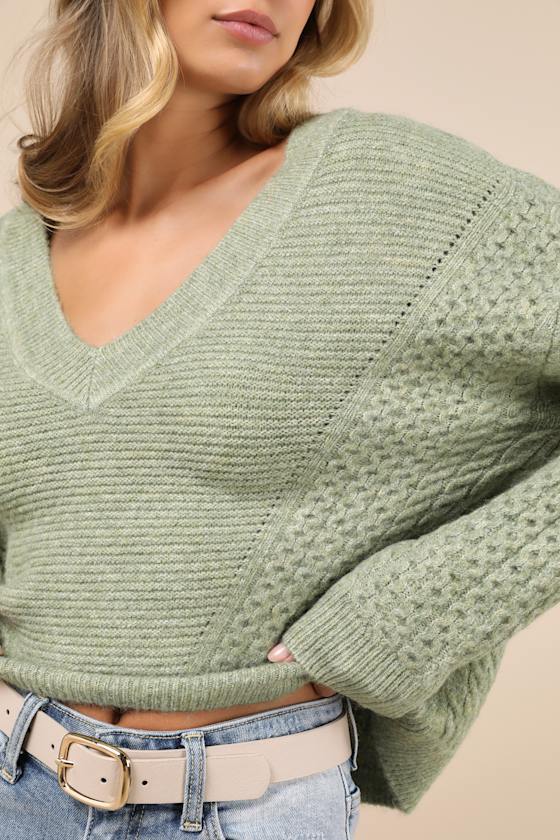 LULUS COMFY INSTINCT SAGE GREEN CABLE KNIT PULLOVER SWEATER