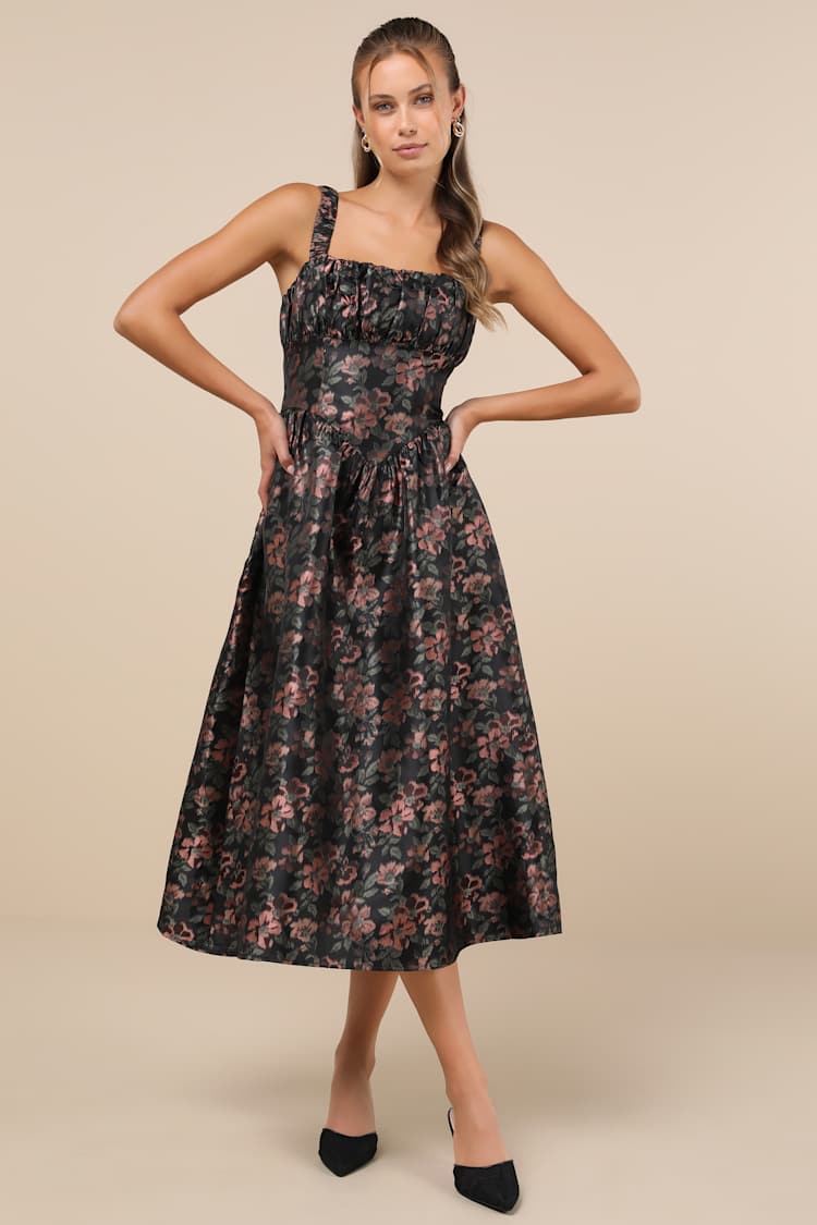 Black Floral Sleeveless Dress - Midi Dress - Dress With Pockets - Lulus