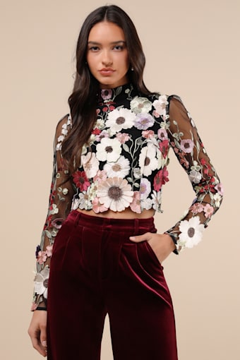 Fantastic Charisma Black 3D Floral Lace-Up Top 3