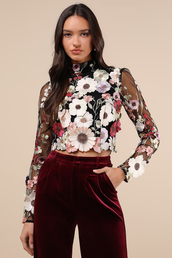 Fantastic Charisma Black 3D Floral Lace-Up Top 3