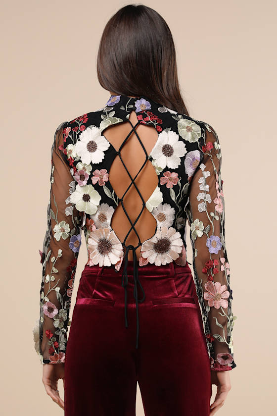 Fantastic Charisma Black 3D Floral Lace-Up Top 4