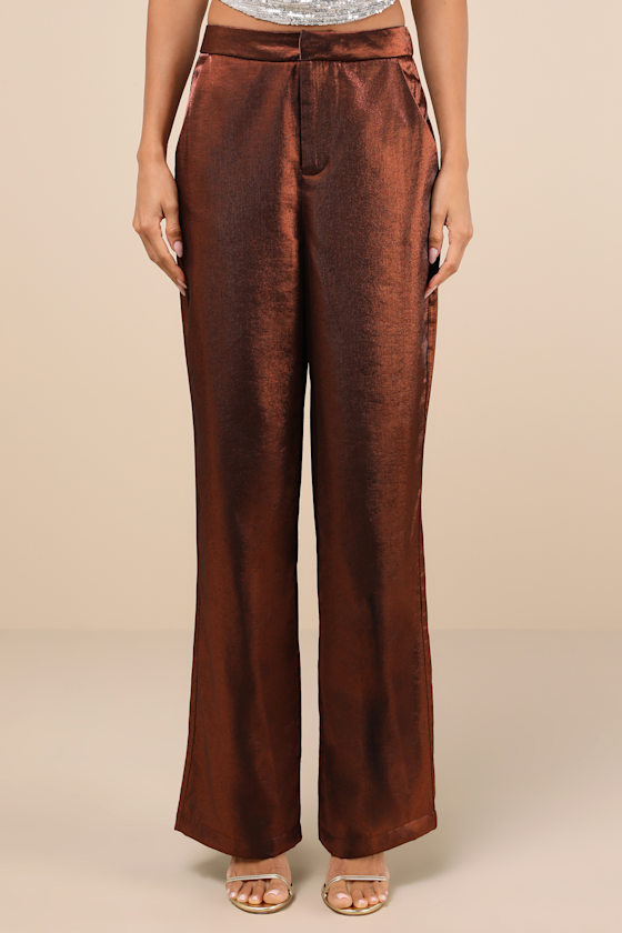 Lulus Confirmedly Chic Shiny Brown High-rise Wide-leg Trouser Pants In Brown