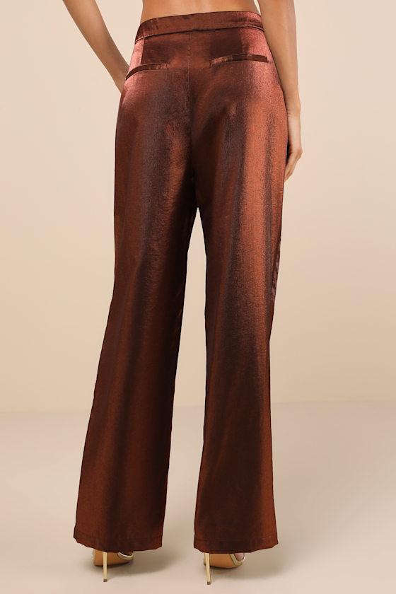 Lulus Confirmedly Chic Shiny Brown High-rise Wide-leg Trouser Pants In Brown