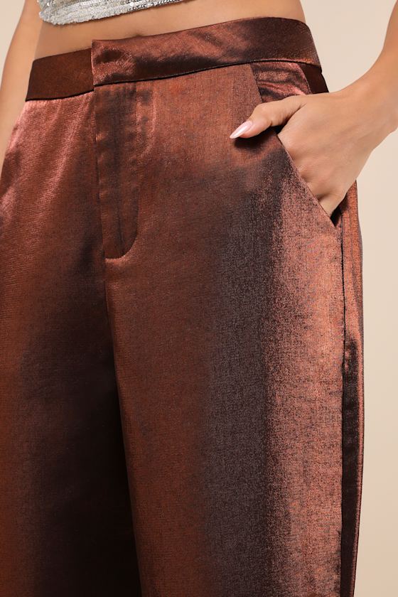Lulus Confirmedly Chic Shiny Brown High-rise Wide-leg Trouser Pants In Brown