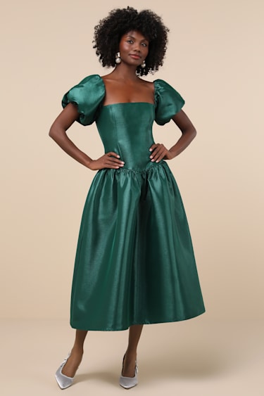 Emerald Midi Dress Taffeta Midi Dress Puff Sleeve Midi Dress