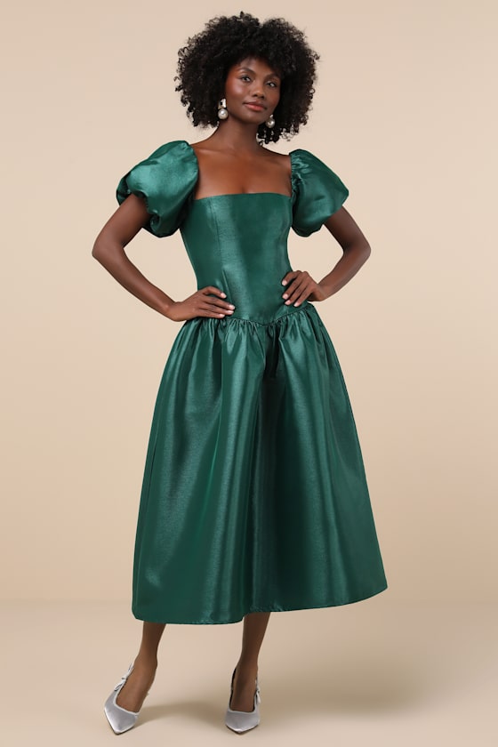 Exclusive Charm Emerald Green Taffeta Puff Sleeve Midi Dress 3