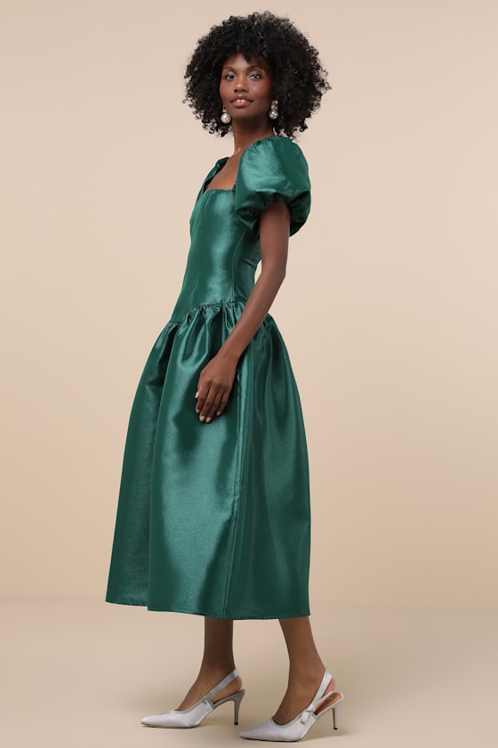 Exclusive Charm Emerald Green Taffeta Puff Sleeve Midi Dress 1