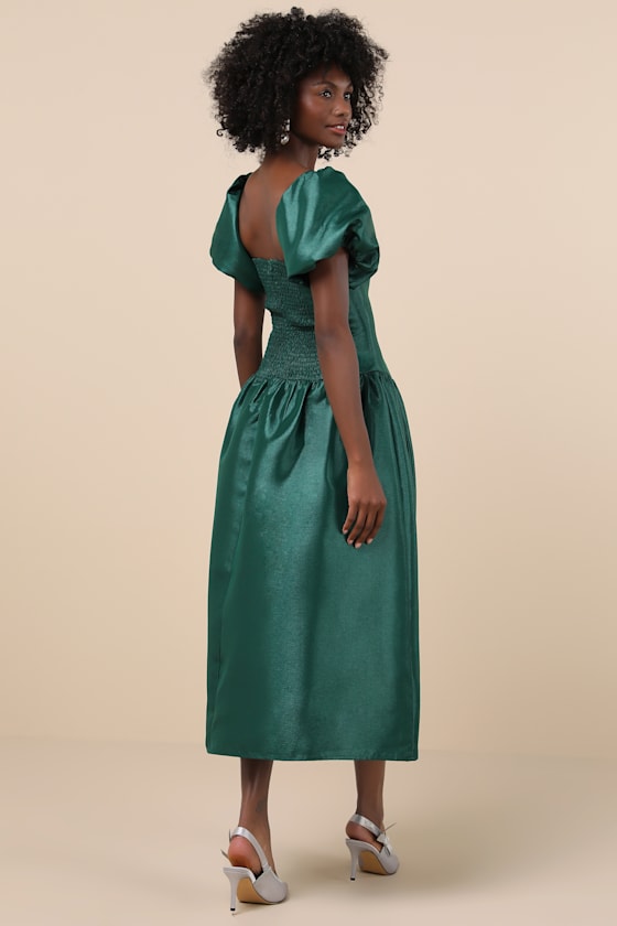 Lulus Exclusive Charm Emerald Green Taffeta Puff Sleeve Midi Dress In Emerald Green