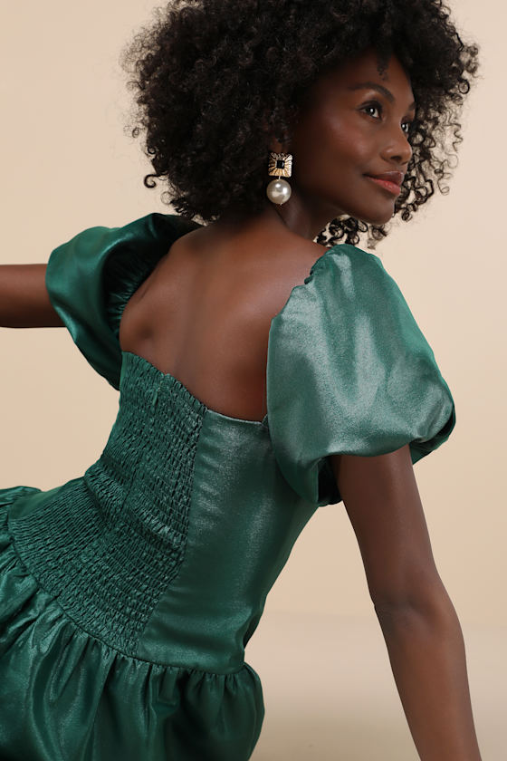 Lulus Exclusive Charm Emerald Green Taffeta Puff Sleeve Midi Dress In Emerald Green