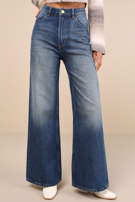 Rolla's Studio Flare Medium Wash Wide-leg High Rise Jeans In Blue