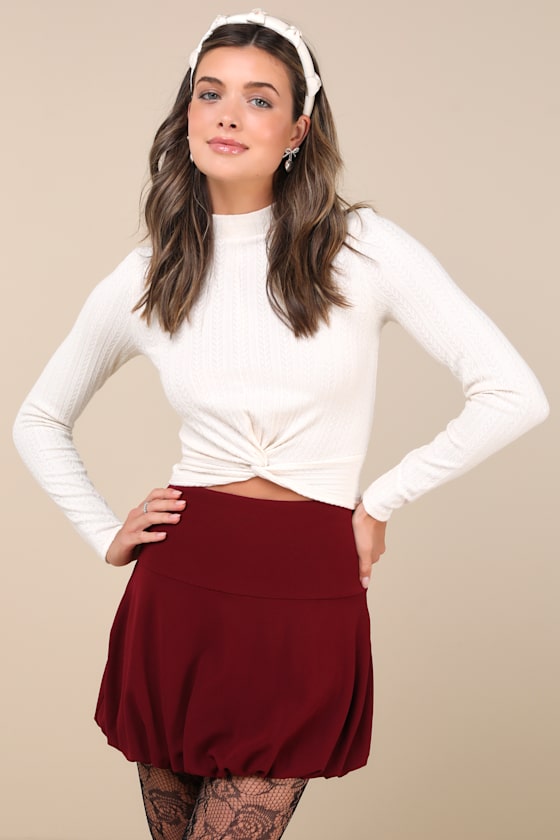 LULUS EXCEPTIONALLY AESTHETIC WINE RED HIGH-RISE BUBBLE-HEM MINI SKIRT