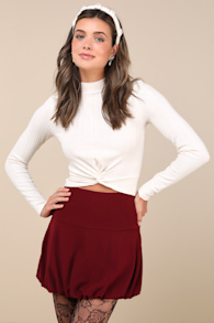 Exceptionally Aesthetic Wine Red High-Rise Bubble Hem Mini Skirt 5