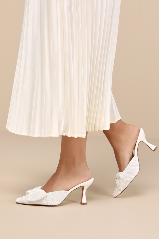 Bettanie White Satin Textured Bow High Heel Mules 1