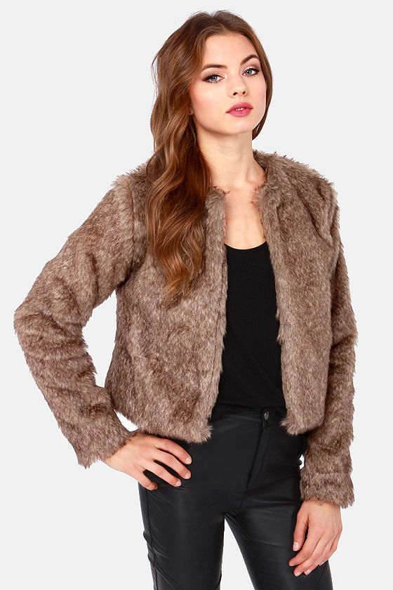 Cute Faux Fur Jacket Cropped Jacket Taupe Jacket 84.00 Lulus
