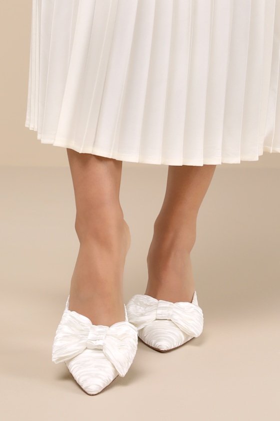 Bettanie White Satin Textured Bow High Heel Mules 5