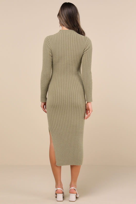 Lulus Irresistible Feelings Olive Fuzzy Knit Midi Sweater Dress In Green