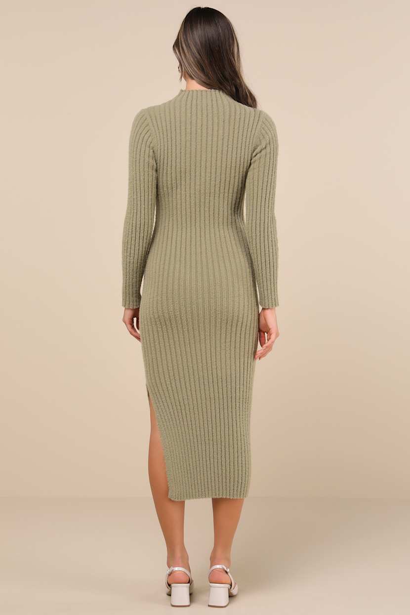 Olive Midi Sweater Dress - Fuzzy Knit Dress - Mock Neck Dress - Lulus