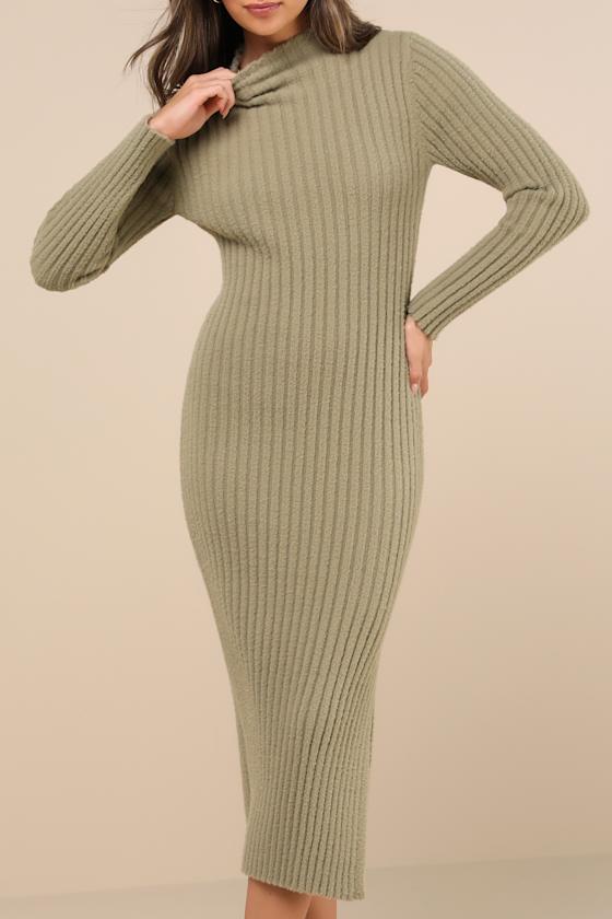Lulus Irresistible Feelings Olive Fuzzy Knit Midi Sweater Dress In Green