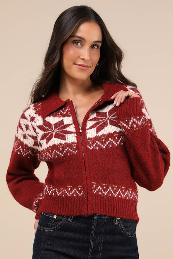 Snowy Snuggles Red Fair Isle Zip-Front Cardigan Sweater 8