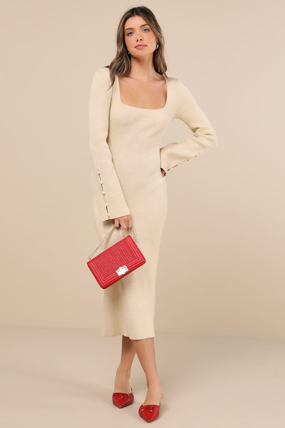 Lulus Classy Attitude Beige Ribbed Square Neck Midi Sweater Dress In Beige