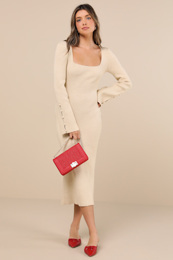 Classy Attitude Beige Ribbed Square Neck Midi Sweater Dress 4