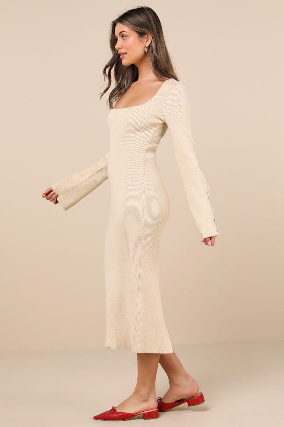 Lulus Classy Attitude Beige Ribbed Square Neck Midi Sweater Dress In Beige