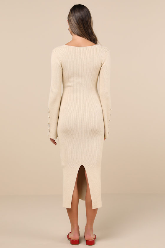 Lulus Classy Attitude Beige Ribbed Square Neck Midi Sweater Dress In Beige