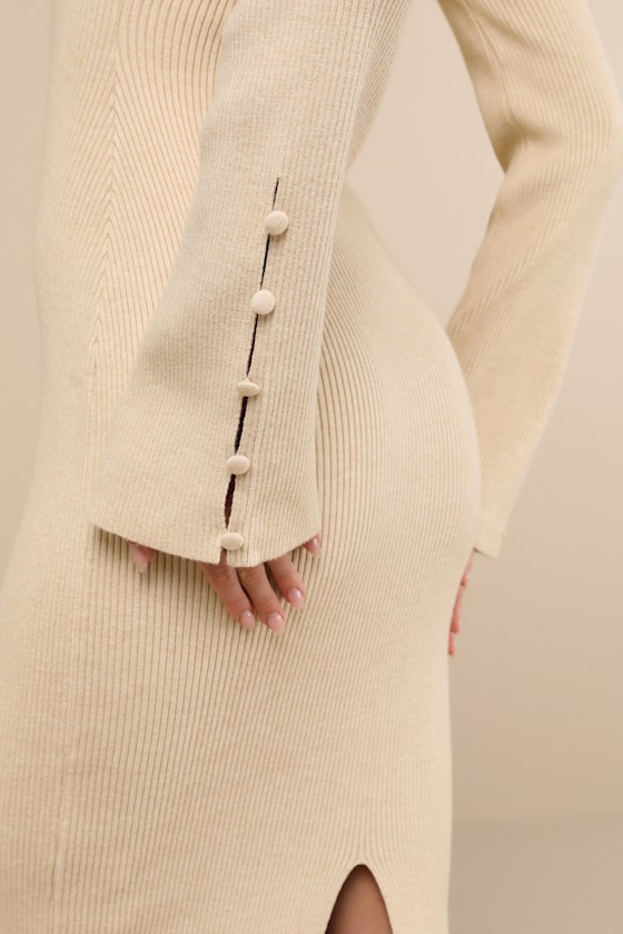 Lulus Classy Attitude Beige Ribbed Square Neck Midi Sweater Dress In Beige