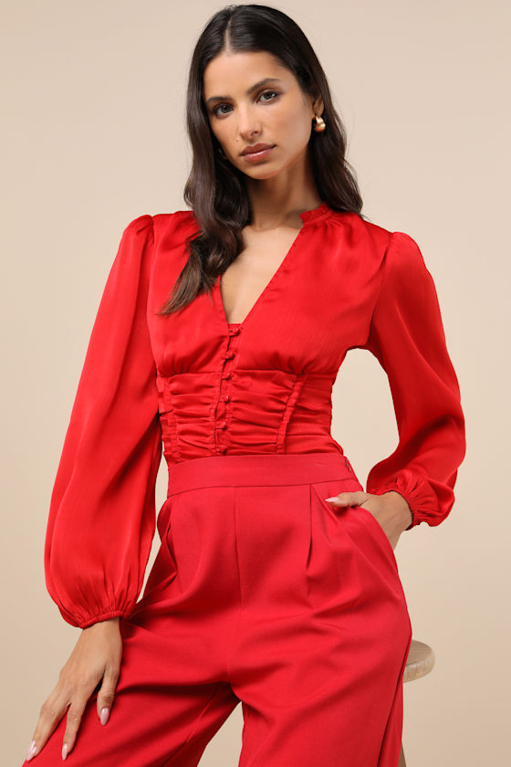 LULUS ELEVATED ACHIEVEMENT RED BALLOON SLEEVE BUTTON-FRONT TOP